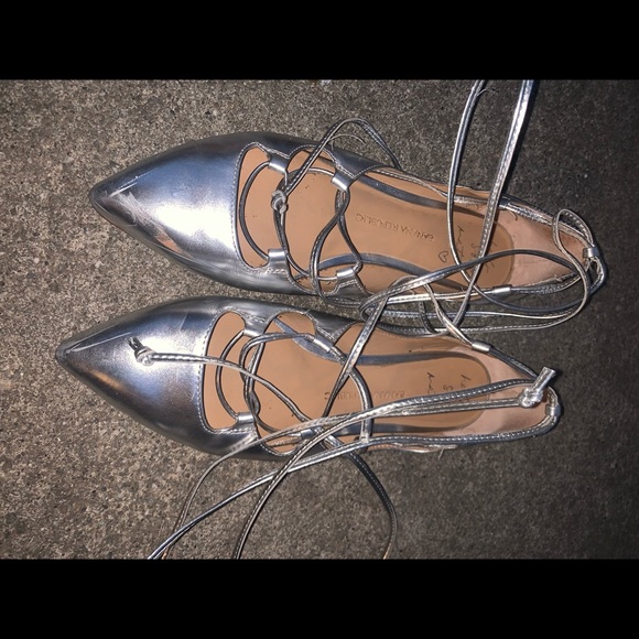 Shoes - Banana Republic Silver pointy toe lace up flats